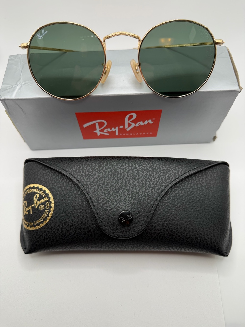 Ray-Ban RB 3447 Round Gold Frame Sunglasses Green Lenses, New